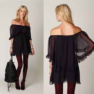 Free People Navy Solid Babydoll Ruffle Woven Off The Shoulder Mini Dress